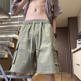 男夏季 五分裤 薄款 工装 子潮 潮牌宽松胖子休闲加肥加大码 泡泡纱短裤