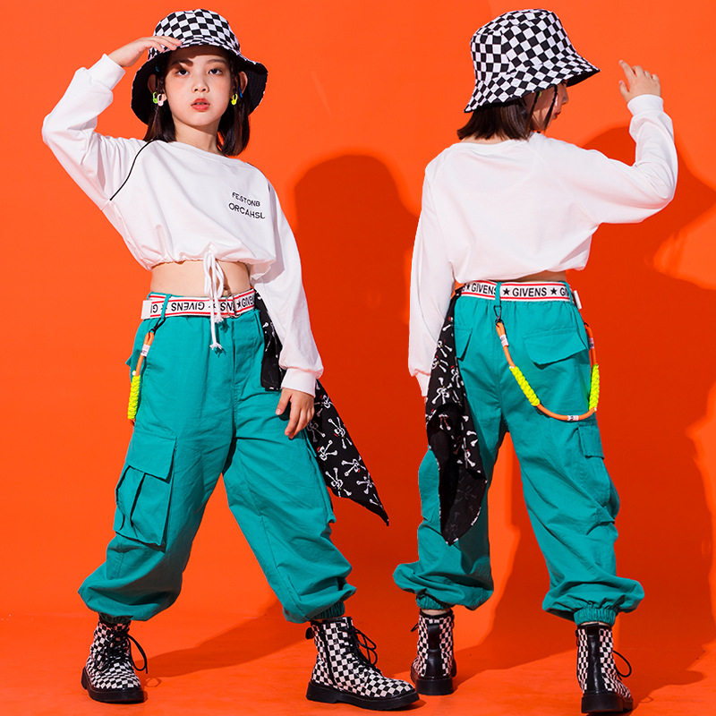 儿童爵士舞演出服女孩露肚脐hiphop嘻哈表演衣服女童街舞套装潮流