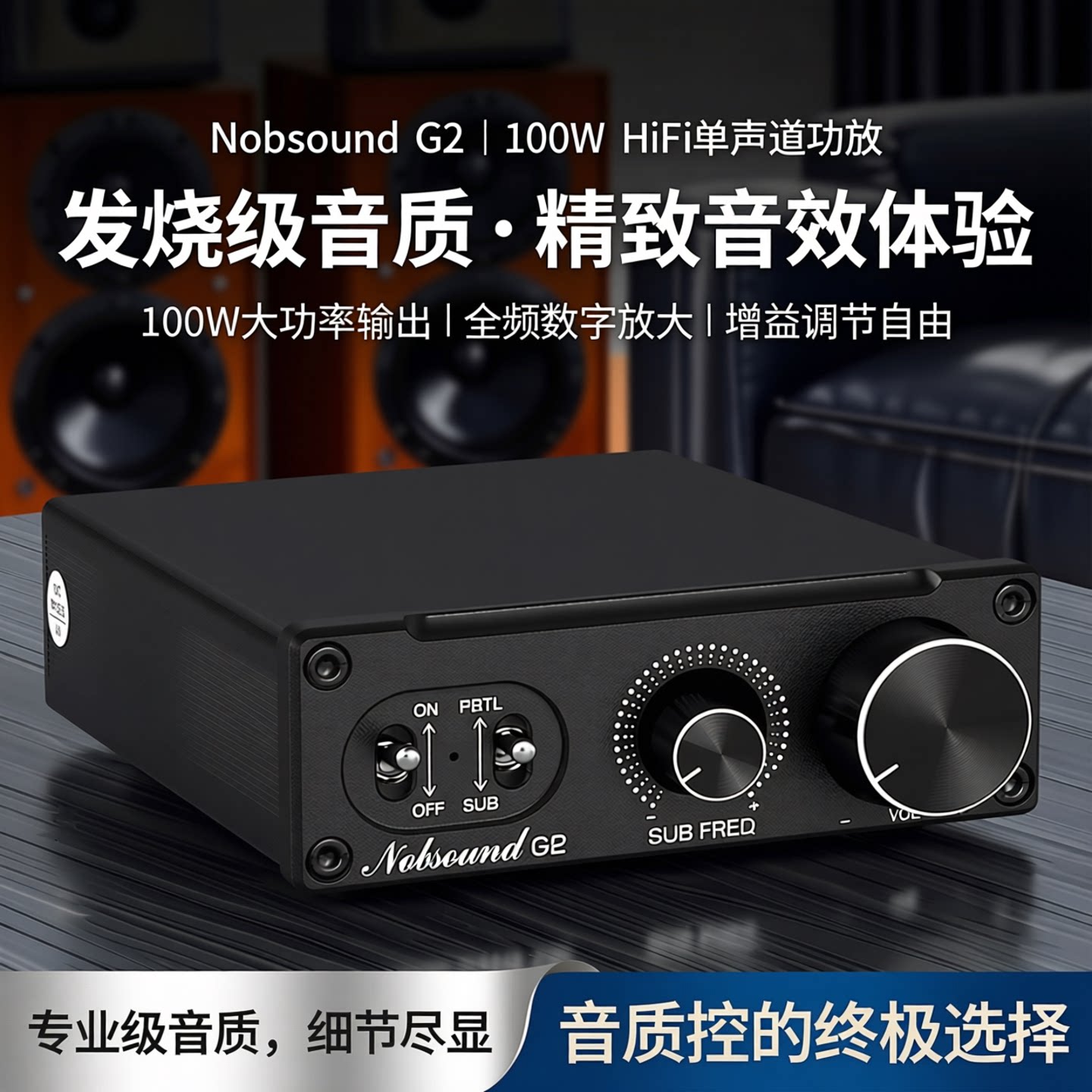 G2 100W HiFi单声道低音炮/全频数字功率放大器发烧功放机带增益