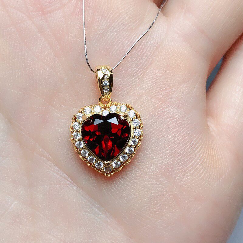 腾利s925银心8黄金色镶嵌鸽血红色天然石榴石吊坠经典时尚洋气款