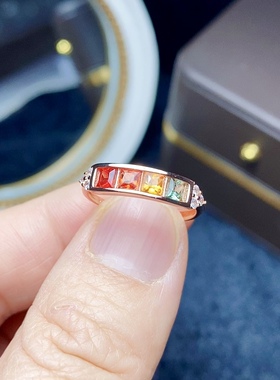 天然彩蓝宝戒指S925银镶嵌方形排戒彩色蓝宝石开口可调节玫瑰金色