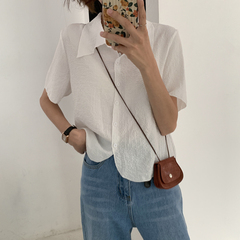 Real shot real price spring new Korean loose and versatile cardigan shirt women's design pleated short sleeve shirt