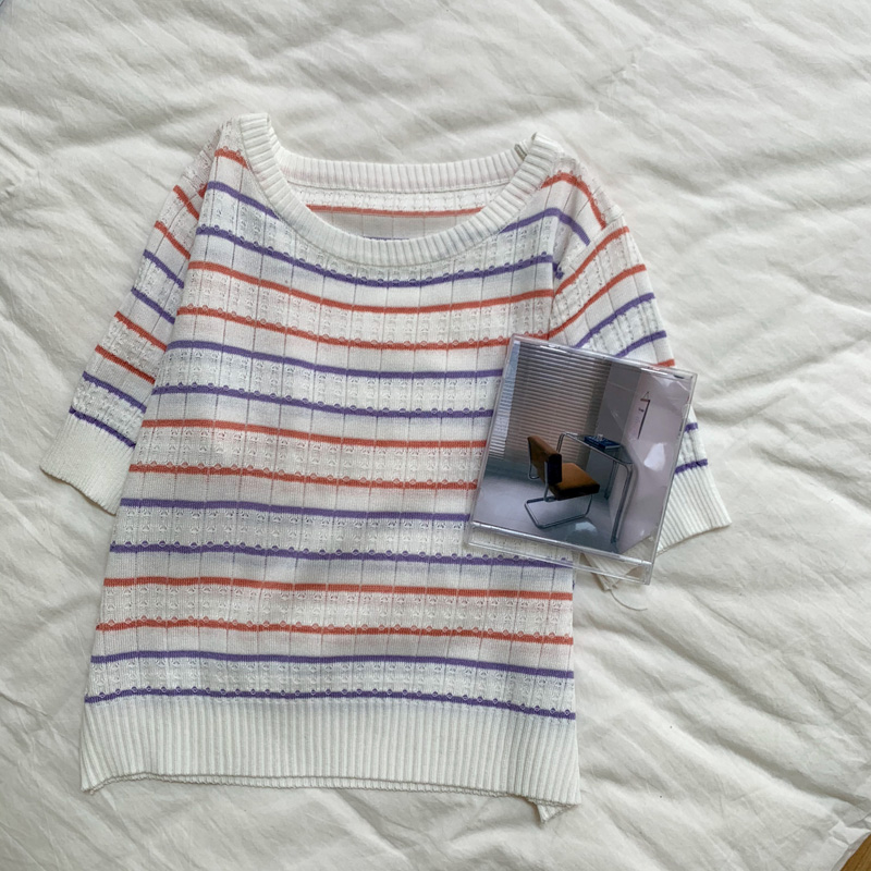 Real shot real price spring new Korean shorts woolen sweater striped bottomed blouse blouse