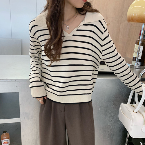 Real shot 2024 spring Korean style POLO collar contrasting color shirt versatile striped top long-sleeved sweater top