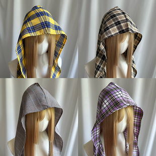 休闲百搭格纹假领小披肩新款轻薄透气不闷头遮阳绑带头巾帽韩系