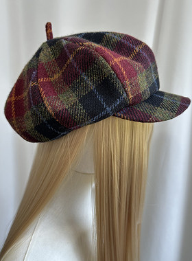 HarrisTweed哈里斯帽子秋冬保暖粗花呢复古格子大版报童帽纯羊毛