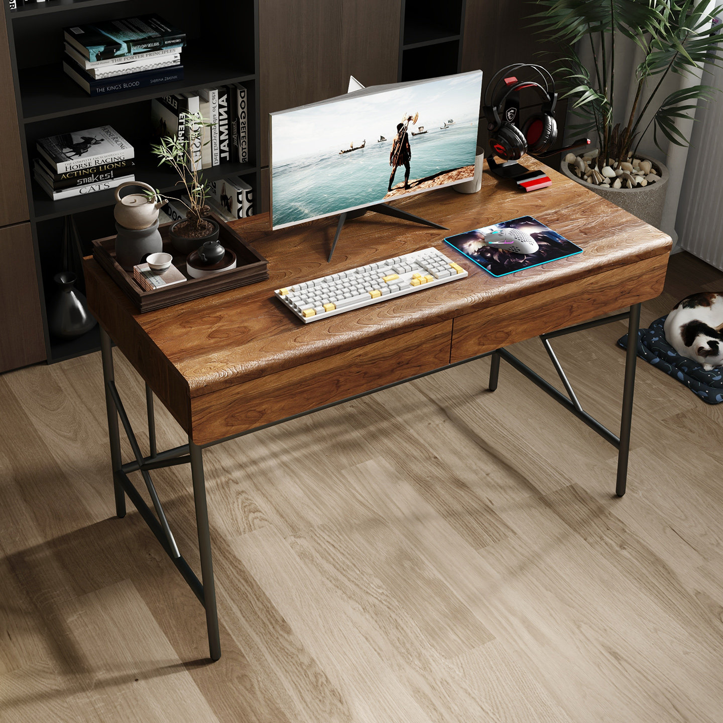 轻奢阅读桌化妆桌家用实木带抽屉书房电脑梳妆台铁艺学生写学习桌