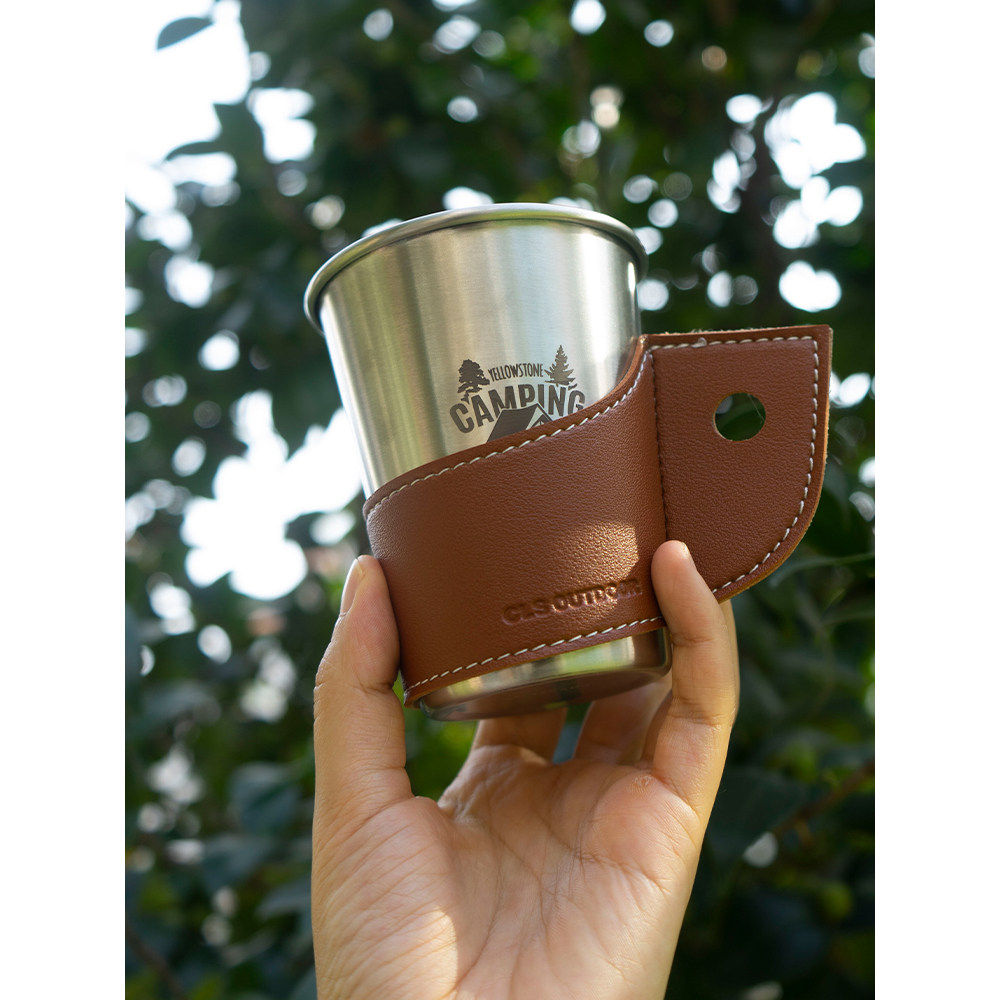 户外纸杯不锈钢杯PU杯套露营野餐烧烤隔热防烫手柄咖啡杯保护皮套