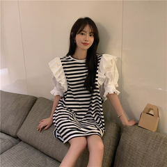 Real picture Ruffle bubble sleeve stitching striped dress