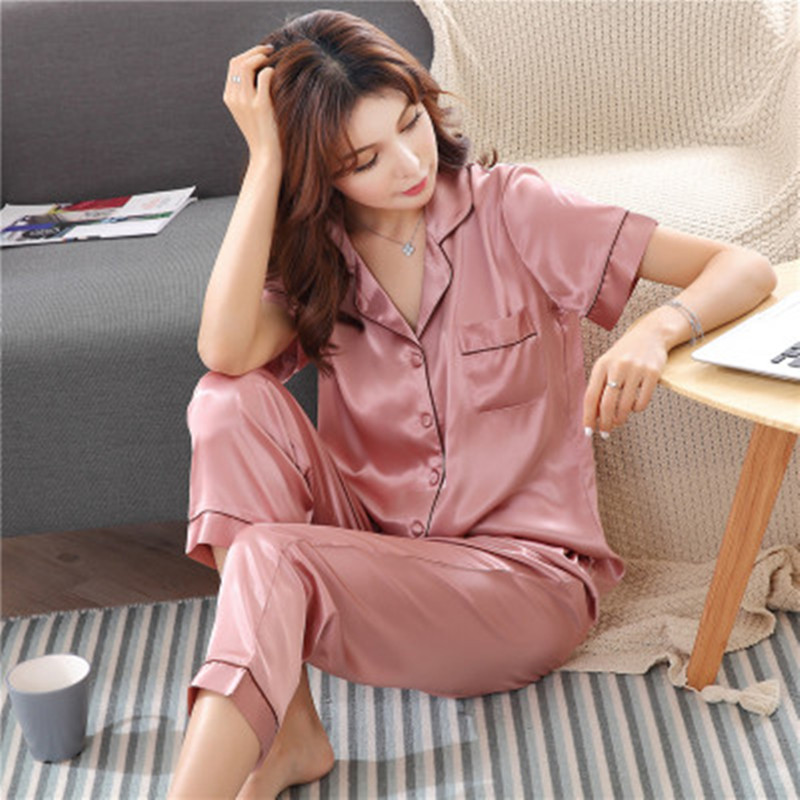 睡衣女士夏季性感桑蚕丝绸短袖两件套装薄韩版家居服真丝