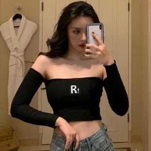 夏天长袖短款高腰露脐紧身t恤女性感抹胸式一字肩上衣秋薄款内搭