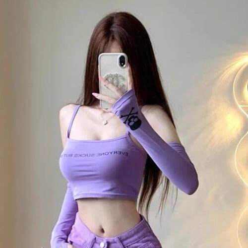 ins风超短款美式辣妹吊带背心女学生夏季性感外穿紫色袖套上衣潮