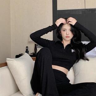 韩国时尚高腰露脐紧身t恤女学生百搭polo领早秋上衣黑色打底衫冬