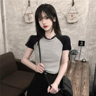 韩国韩版紧身短款露脐t恤女学生小个子夏季简约短袖高腰打底上衣