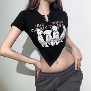 jazz黑色短款紧上衣女学生V领斜边不规则短袖t恤夏天欧美辣妹体恤