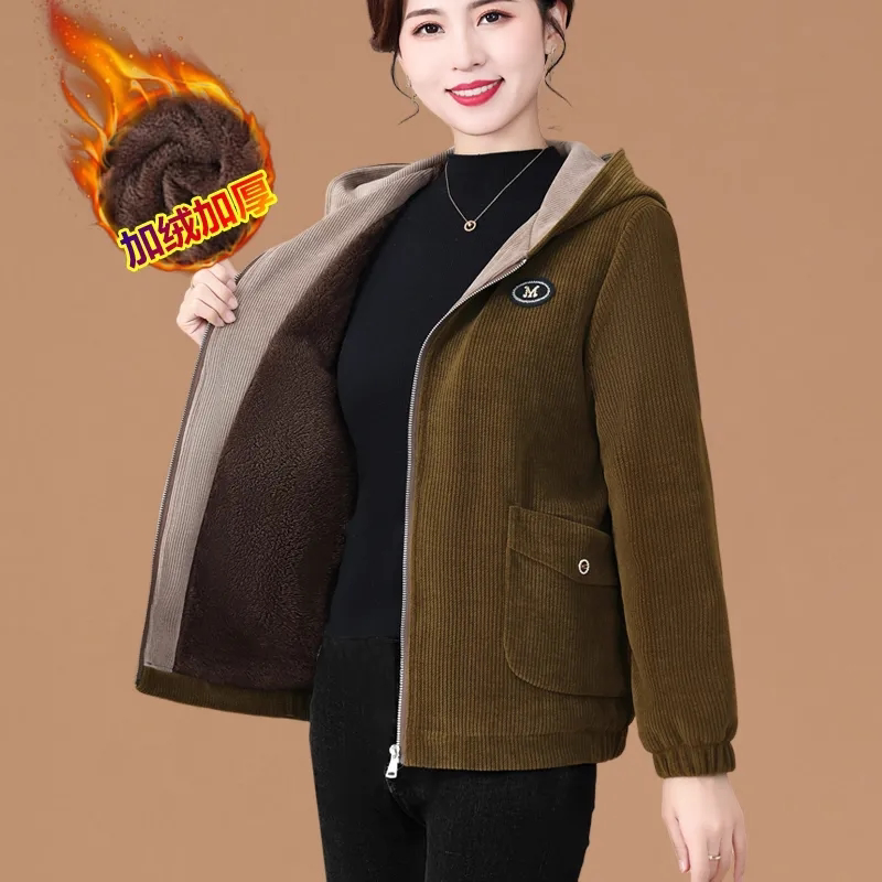 新款时尚洋气百搭外套女秋冬季灯芯绒加绒加厚中长款棉袄夹克上衣