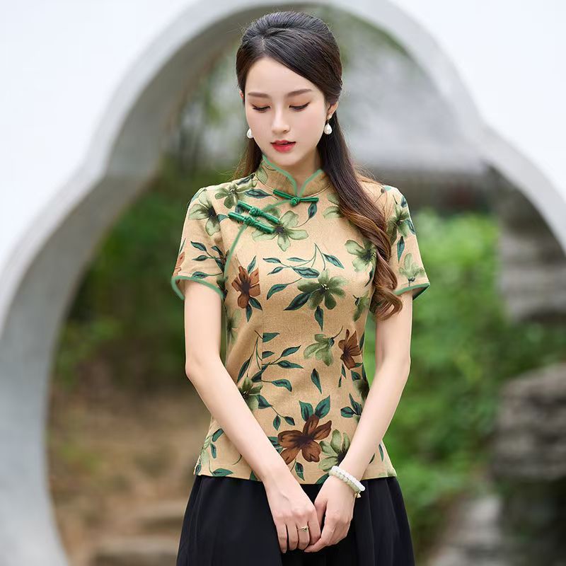 夏季复古修身盘扣改良短袖旗袍女中式短款唐装茶艺服舒适百搭上衣