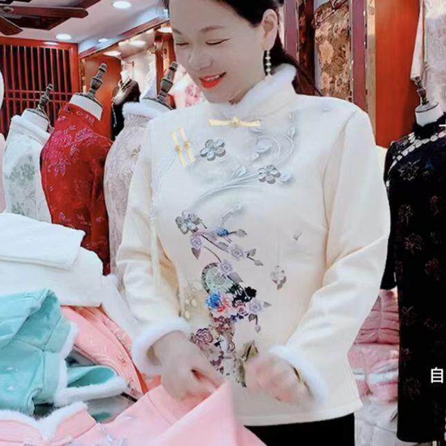 中国风唐装旗袍卫衣上衣女秋冬季加绒加厚保暖显瘦复古民族妈妈装