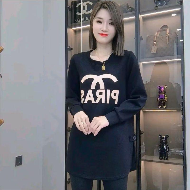 新款时尚春秋中长款圆领百搭卫衣女字母洋气印花宽松遮肉长袖大衫