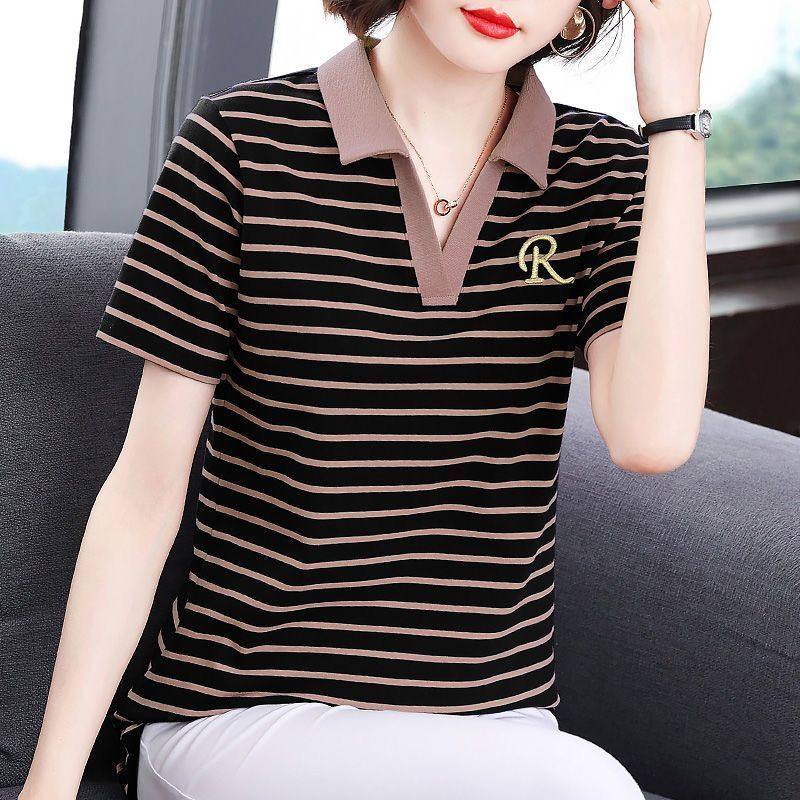 新款夏季大码短袖T恤女条纹翻领polo衫宽松显瘦中长款上衣妈妈装