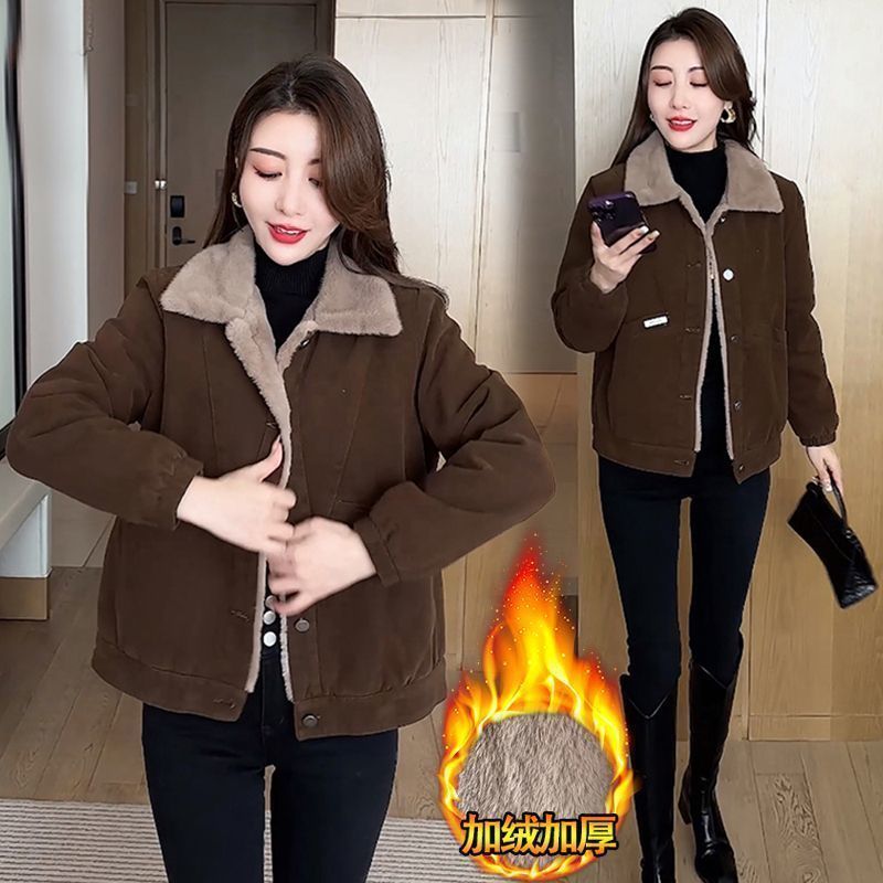 小个子女士翻领一体绒短款棉衣中老年保暖上衣妈妈秋冬加绒外套女