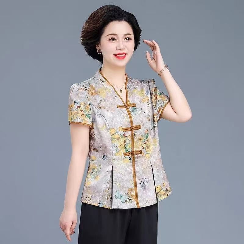 新中式短袖T恤唐装女新款夏季时尚国风印花盘扣V领显瘦小衫上衣女