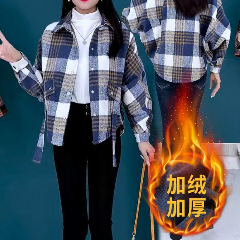 加绒加厚毛呢格子外套女冬季新款爆款蝙蝠袖休闲短款百搭呢子上衣