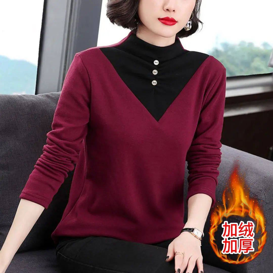 时尚长袖秋冬装打底衫女洋气加绒保暖德绒上衣新款半高领大码T恤