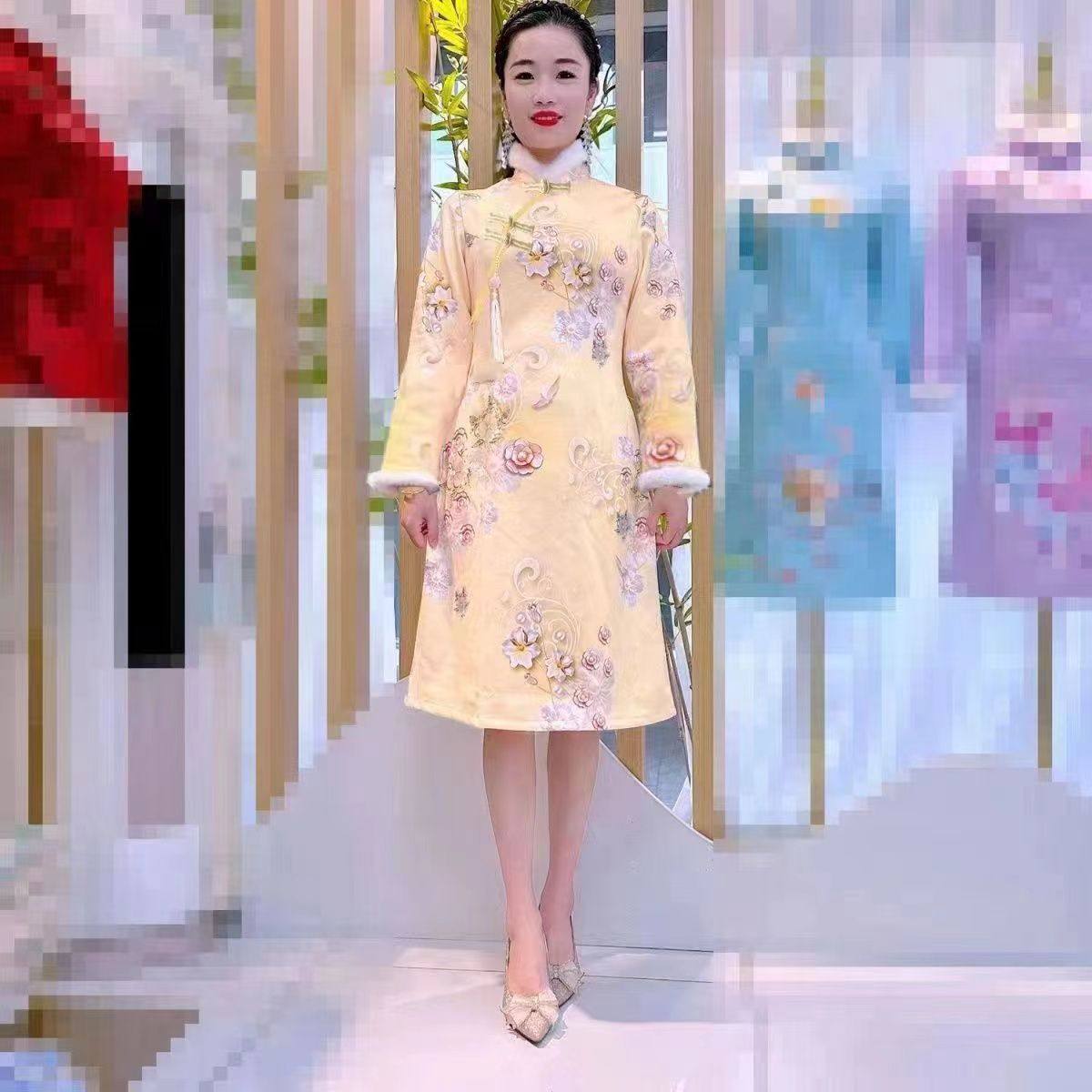 新中式长袖旗袍裙女秋冬款加绒加厚新款民族风显瘦保暖中长款外套