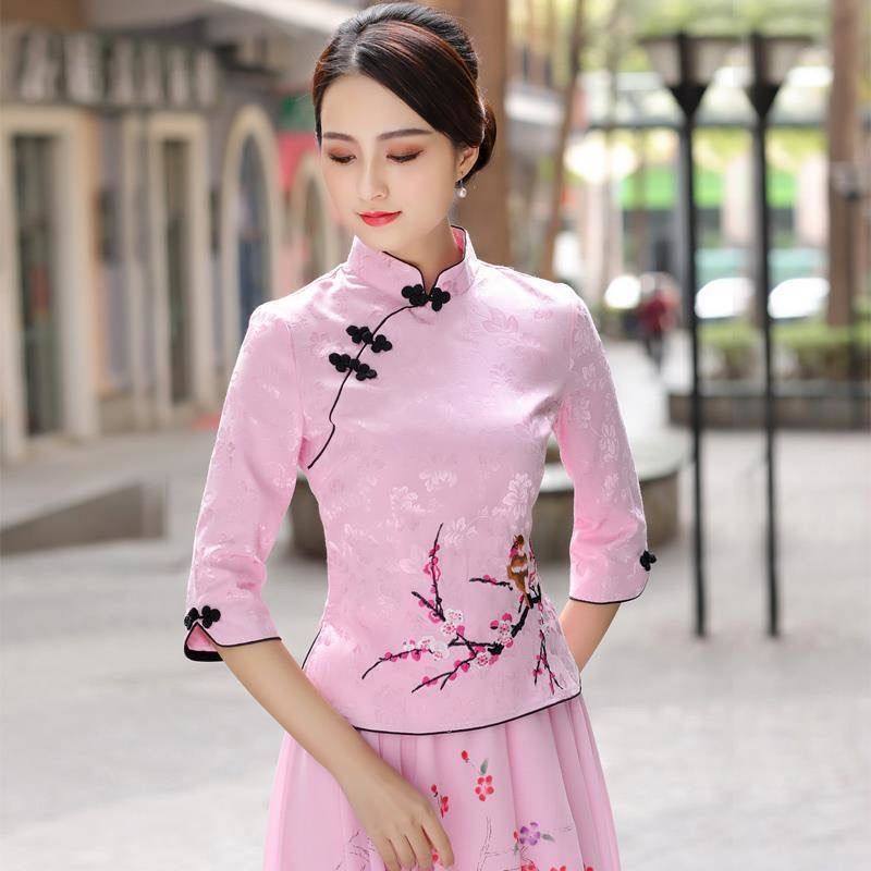 新款夏季改良旗袍短袖女新中式汉服上衣中国文艺唐装茶服体恤衫女