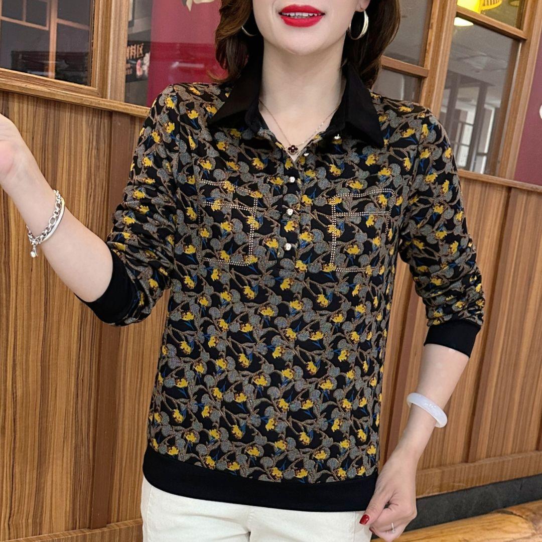 新款春秋季弹力印花套头长袖衬衣女撞色翻领中老年上衣妈妈装小衫