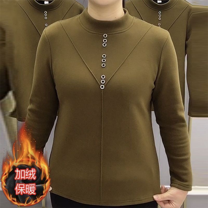 冬季新款半高领加绒加厚弹力长袖打底衫女双面德绒妈妈装保暖上衣