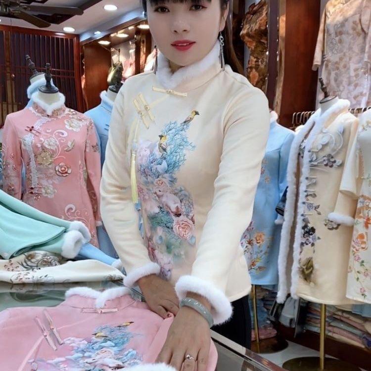 中年妈妈装秋冬款加绒加厚唐装卫衣女民族风短款舞台服装改良旗袍