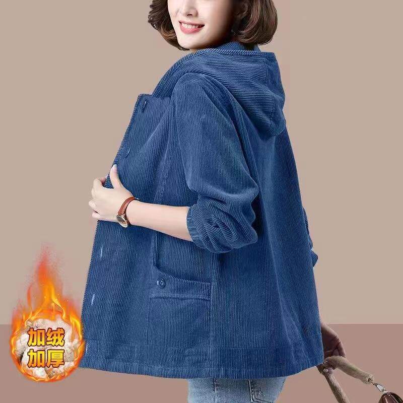 加绒加厚灯芯绒外套女中年妈妈女短款风衣秋冬季新款时尚宽松夹克
