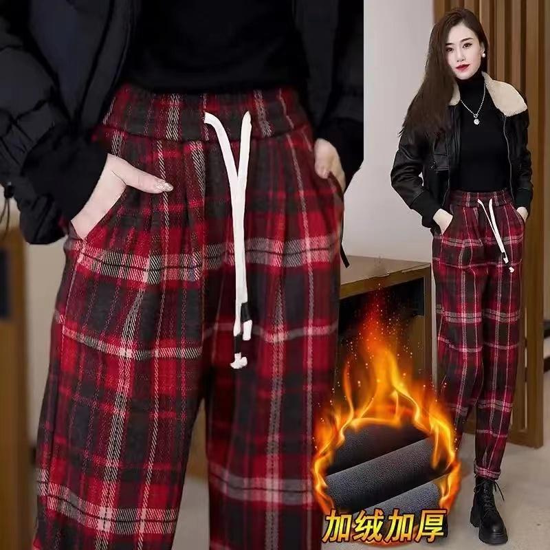 加绒加厚复古毛呢格子哈伦裤女裤时尚秋冬季新款休闲小脚裤长裤子