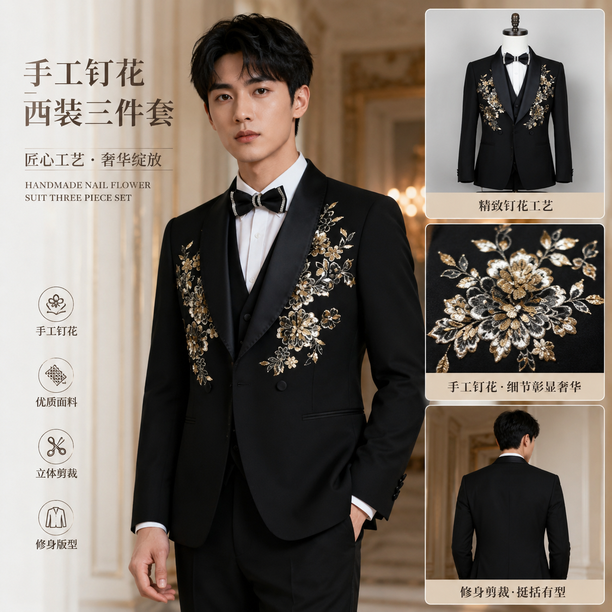 商务休闲黑色西服套装男青果领两粒单排扣宴会演出服立体钉花礼服