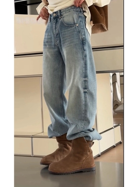 主推 诗歌兰女装新款2025年冬装15299直筒牛仔裤抓毛基础款 百搭