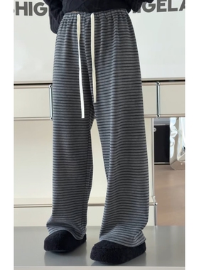 现诗歌兰正品女装2025冬款2586-1时尚灰色条纹松紧腰加绒毛巾卫裤