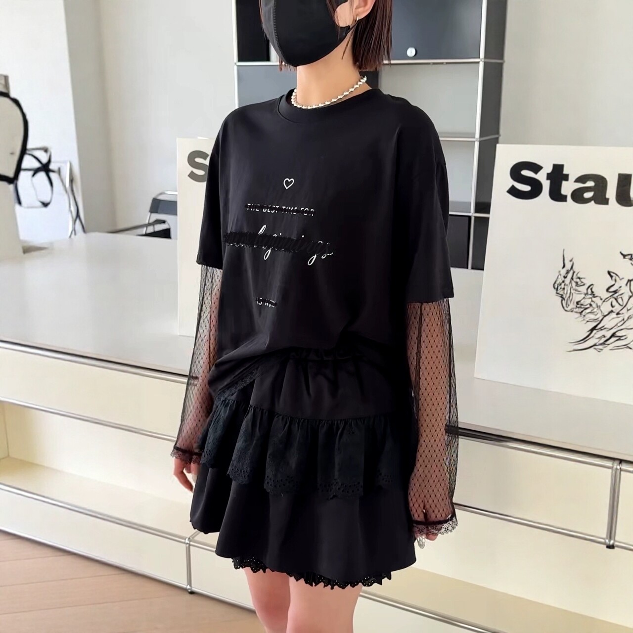 诗歌兰欧韩女装2026春季新款50810字母T恤假两件蕾丝宽松长袖上衣