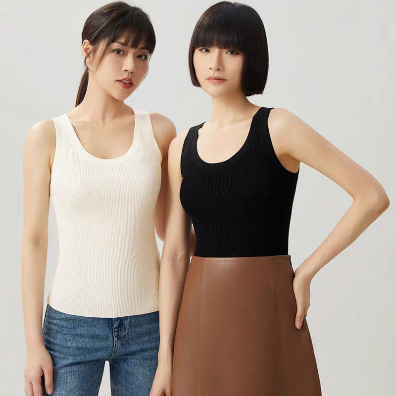 白领哥弟新款2023秋季U形领坑条无袖吊带女针织背心打底衫A301160