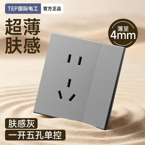 TEP国际电工肤感奶油灰超薄一单开单控5五孔开关控制插座厨房专用