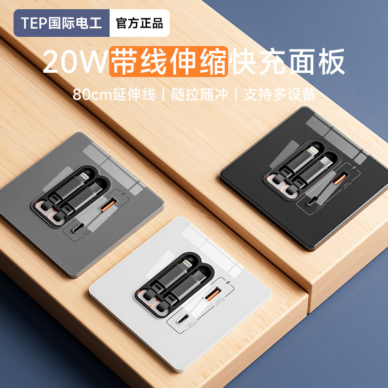 国际电工开关插座面板Type-c快充USB五5孔手机苹果安卓86型充电线