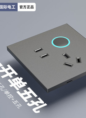 TEP国际电工86型超薄面板磨砂灰色家用一开五5孔单控开关控制插座
