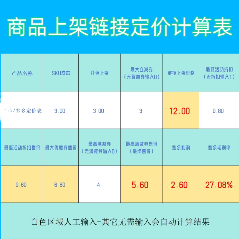 商品链接上架定价策略计算表格抖商品上架多多链接上货电商计算器