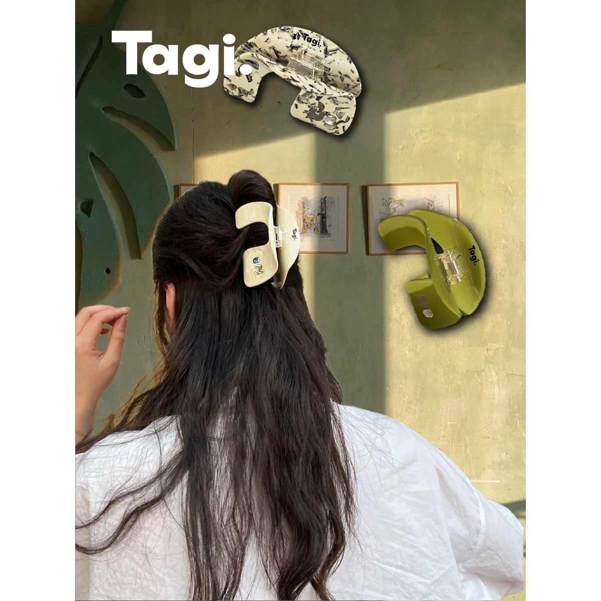 Tagi.Callme拼图肌理宝石发抓无痕发夹鲨鱼醋酸钻石