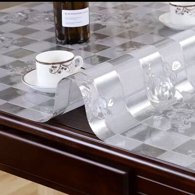 家用餐桌垫磨砂不透明方格花纹印花银色玫瑰防烫软玻璃PVC茶几垫