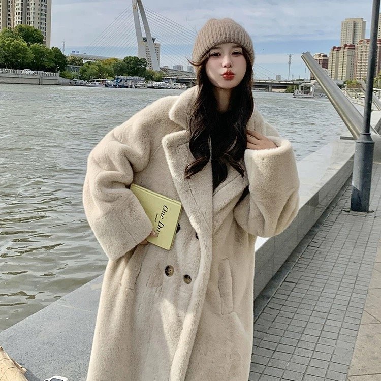 冬季环保皮草仿水貂绒长款宽松加厚加棉保暖西服领毛毛外套大衣女