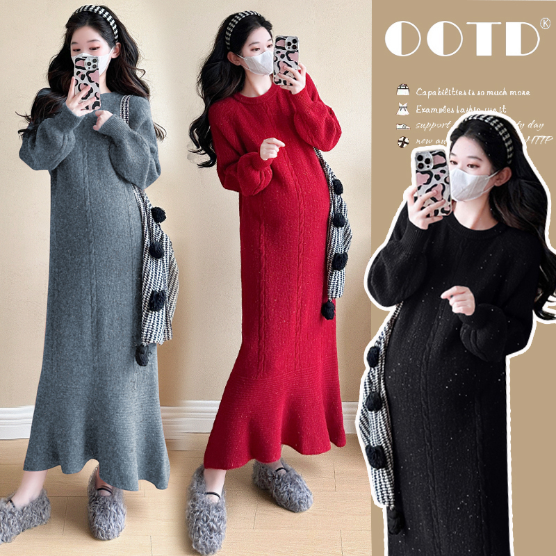 实拍现现~2026秋冬新款细闪加厚气质显瘦针织毛衣孕妇装鱼尾长裙