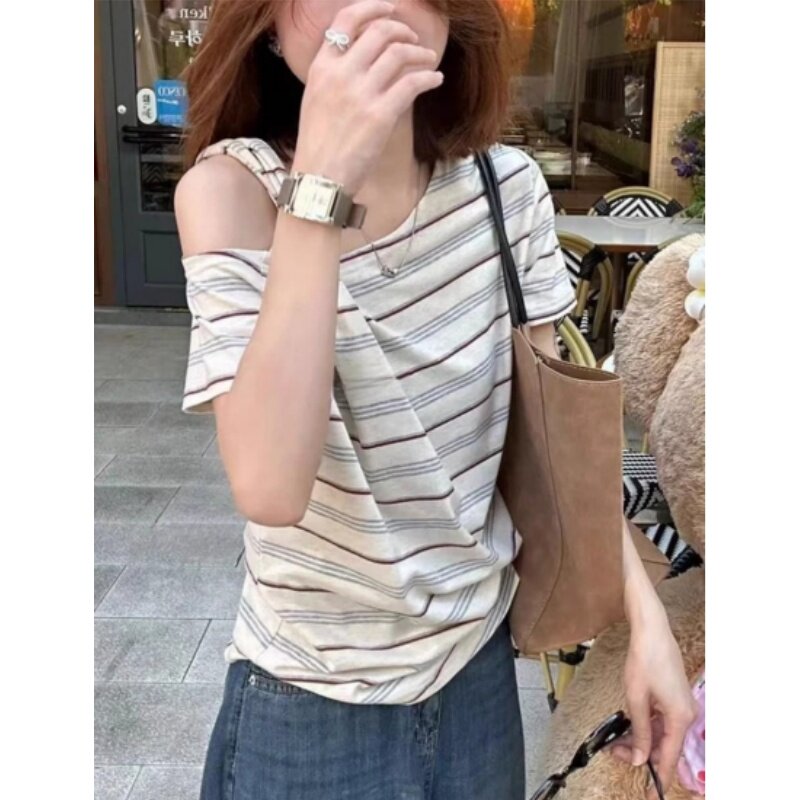 韩系小清新别致条纹吊带斜肩上衣女夏季新款短袖T恤衫小众小上衣