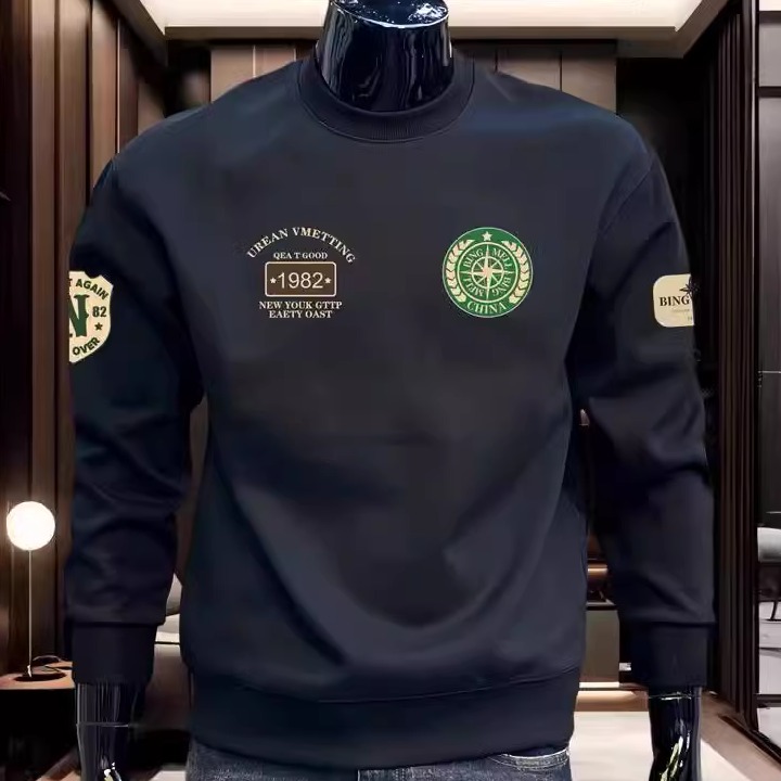 潮牌长袖2025新款春秋欧洲站印花宽松高端多标圆领百搭打底衫加绒